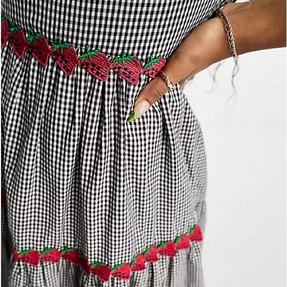 NWT Neon Rose Gingham Midaxi Dress Black White Strawberry Embroidery Plus Size - Picture 3 of 14